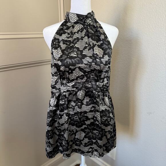 Michael Kors 100% Silk Floral Black and Silver Halter Top Size 10 - Picture 1 of 6